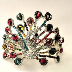 Silver Peacock Cuff Bracelet with Multicolored Crystal Stones